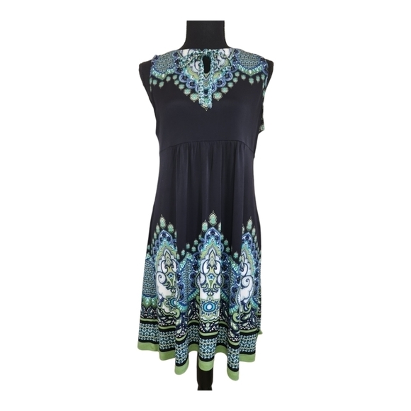 APT 9 sleeveless A-line geometric print midi dress blue green black size MP - Picture 1 of 6